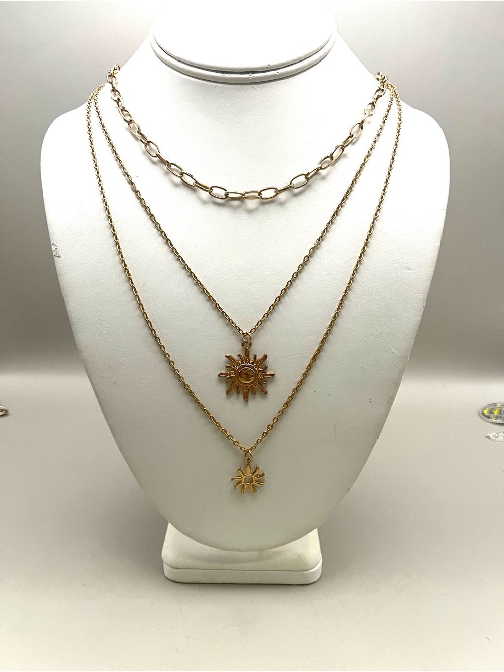 Gold Layered Necklace Set Sun Pendant Paperclip Chain Boho Celestial 3 Strand